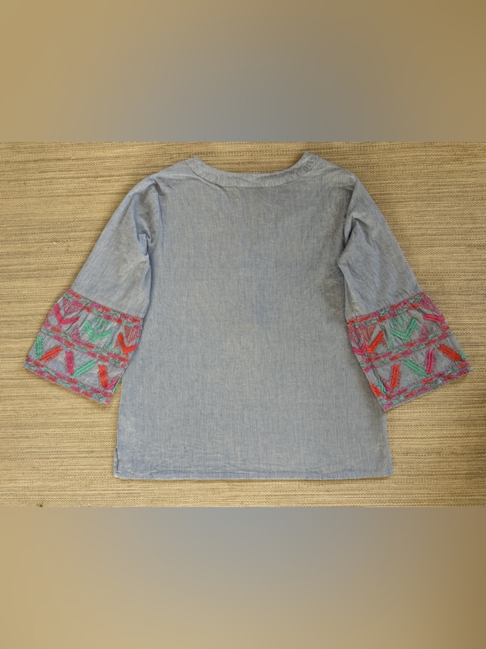 APNY blue stripe embroidered cotton popover top split‎ neck bell sleeve women S - Picture 2 of 6